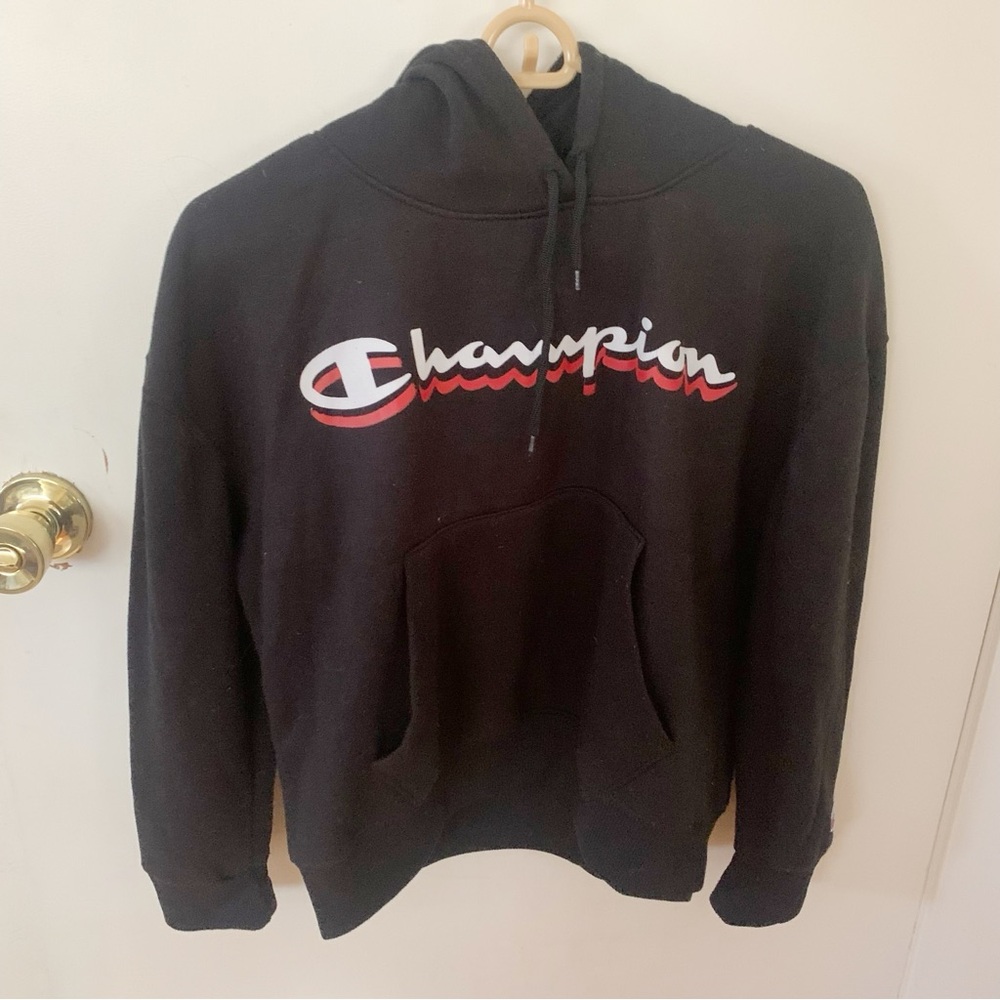 🎁 5/$25 Champion black logo hoodie sweatshirt size S